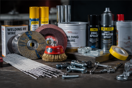 Industrial consumables including welding wire abrasives sprays and fasteners