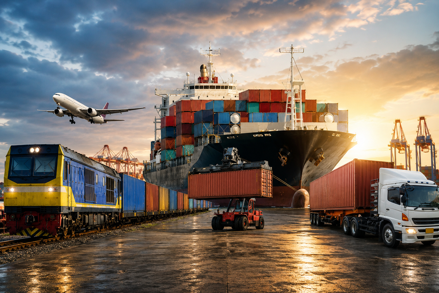 Logistics network with ship rail truck and aircraft